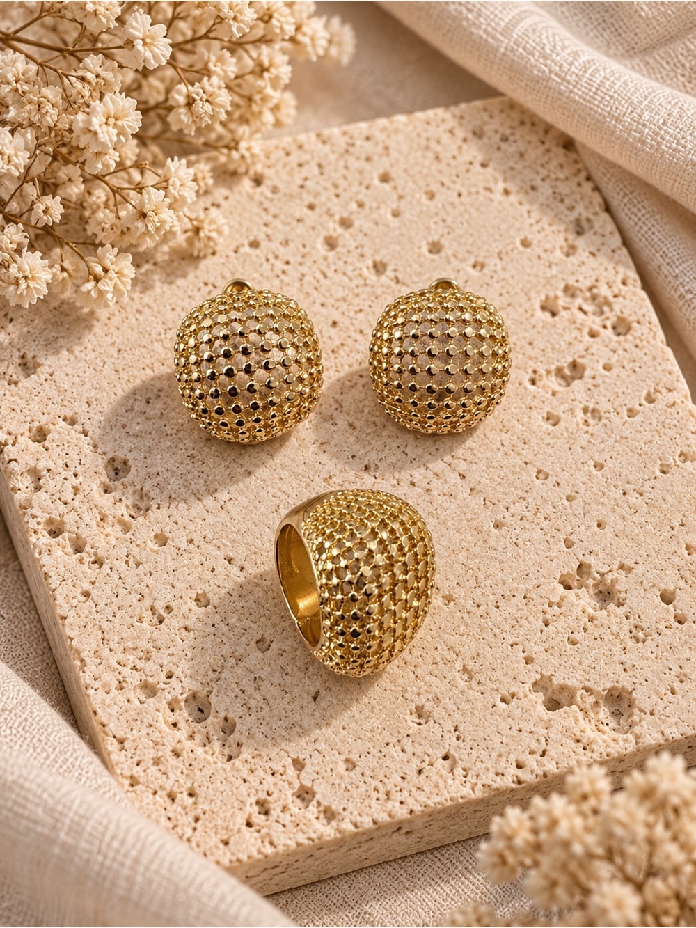 Gold Textured Dome Ring and Earring Set